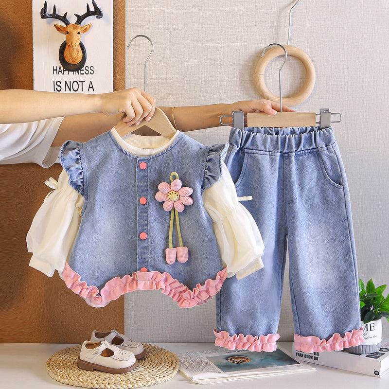 Girls' Outfit Spring and Autumn 2026 New Fashionable Children's Rose Flower Denim Three-Piece Set Trendy Wholesale
