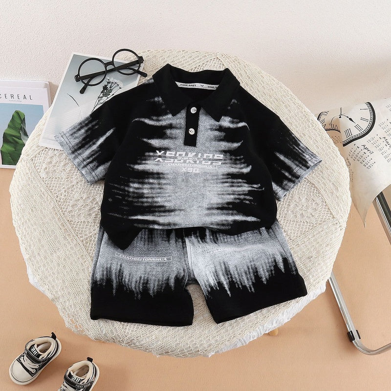 Boys' Outfit Short Sleeve, 2026 New Fashionable Baby Children's Lapel Tie-Dye Letter Two-Piece Set, Summer Trendy