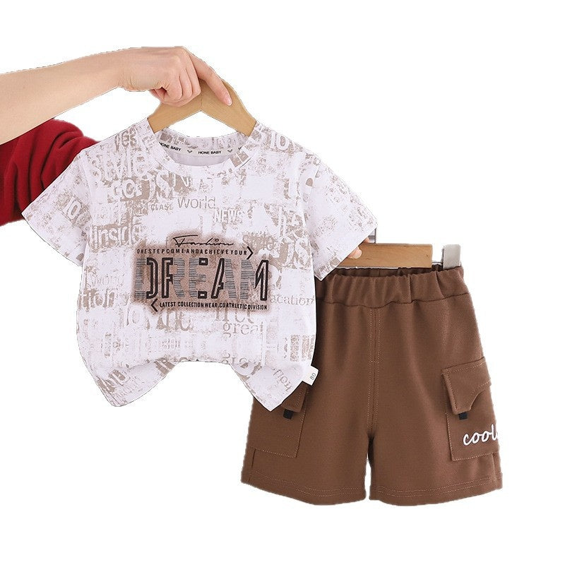 New stylish outfit for boys 2026, baby painted letter short-sleeve clothing, children's summer two-piece trendy set