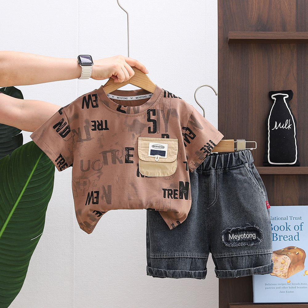 Boys' Outfit 2026 New Short-Sleeve Stylish Toddler Summer Clothes Letter Pocket Round Neck Two-Piece Set Baby Trendy