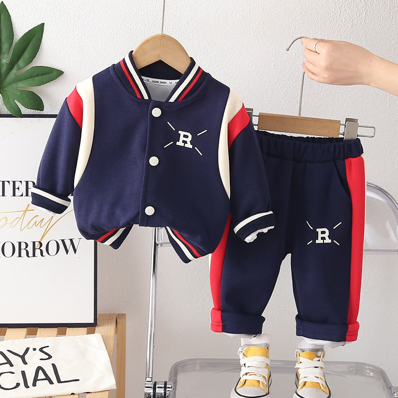 Autumn Outfits for Boys and Girls, Stylish Girls' Spring Color-Block Letter Jacket Two-Piece Set, Trendy Baby Clothes
