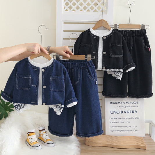 Girls' Solid Color Denim Chic Three-Piece Set Children's Lace Outfit Baby Spring Fashionable Wholesale