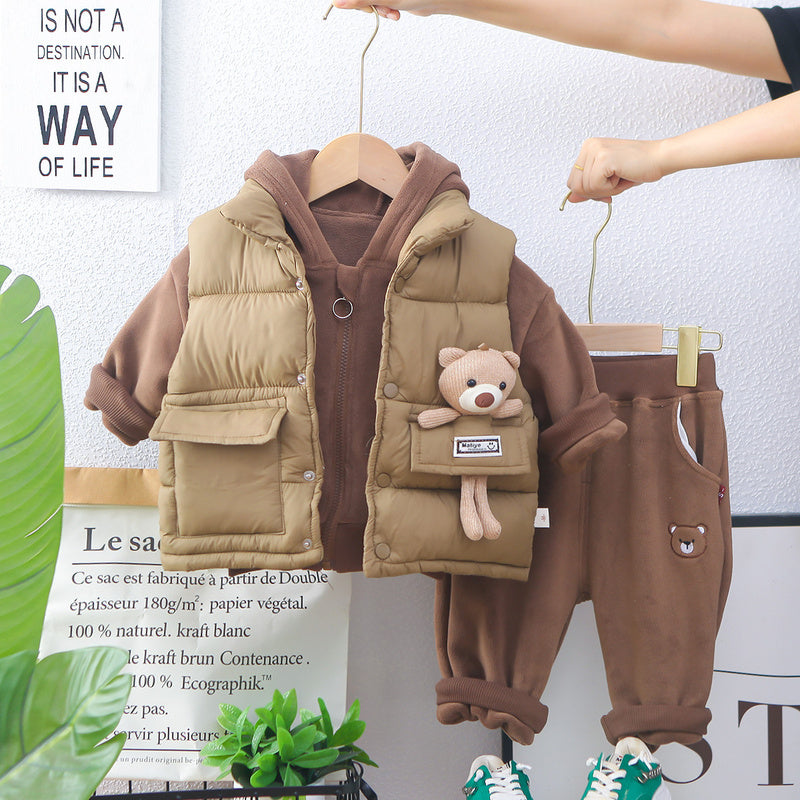 Baby Fleece-Lined Footed Bear Cotton Suit Thickened 2 Children's Clothes Boys' Autumn Clothing 1-Year-Old Infant Winter Outfit
