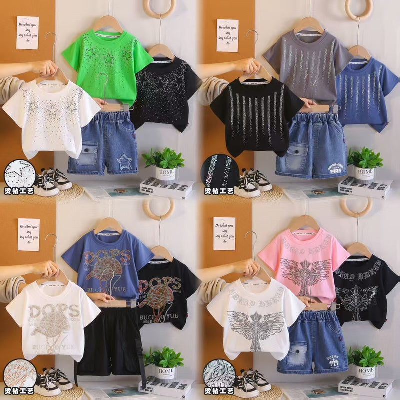2026 Foreign Trade Summer Round Neck Rhinestone Children's Printed Thin T-shirt and Denim Two-piece Set Wholesale 3