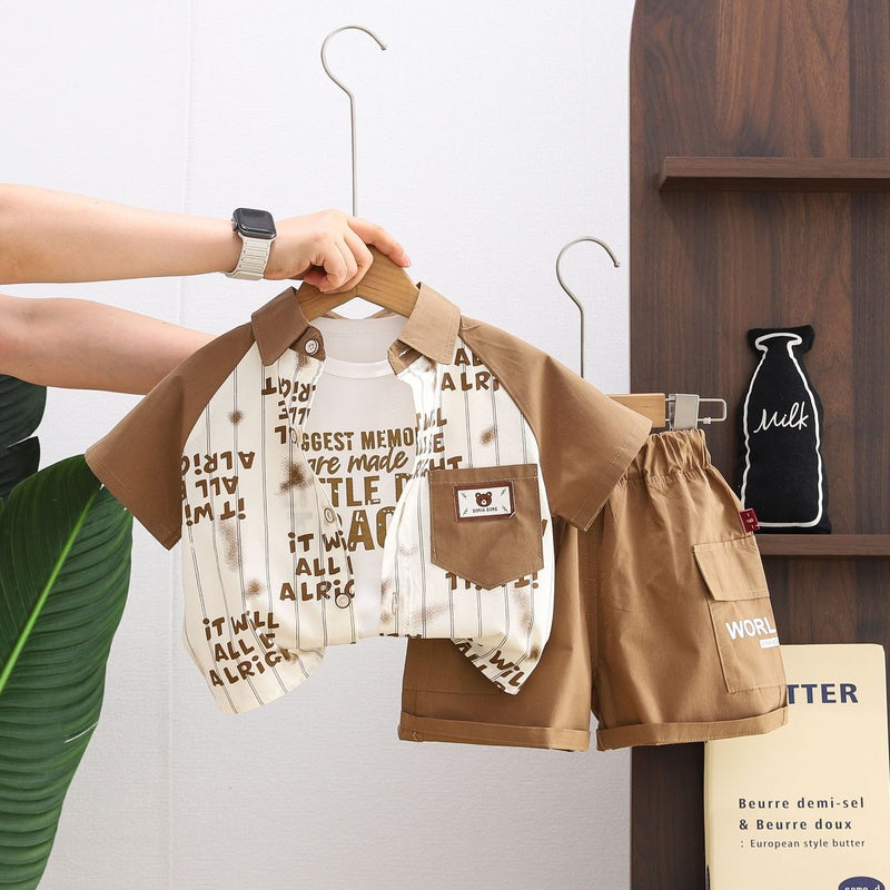 Baby boy letter print striped shirt three-piece 2026 new style infant summer short-sleeve set