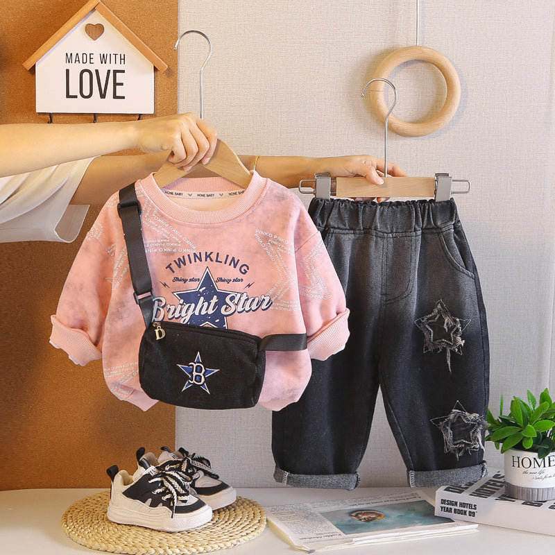 Boys' Stylish Spring and Autumn Outfit 2026 New Children's Star Pattern Hoodie Two-Piece Set Long Sleeve Baby Clothes