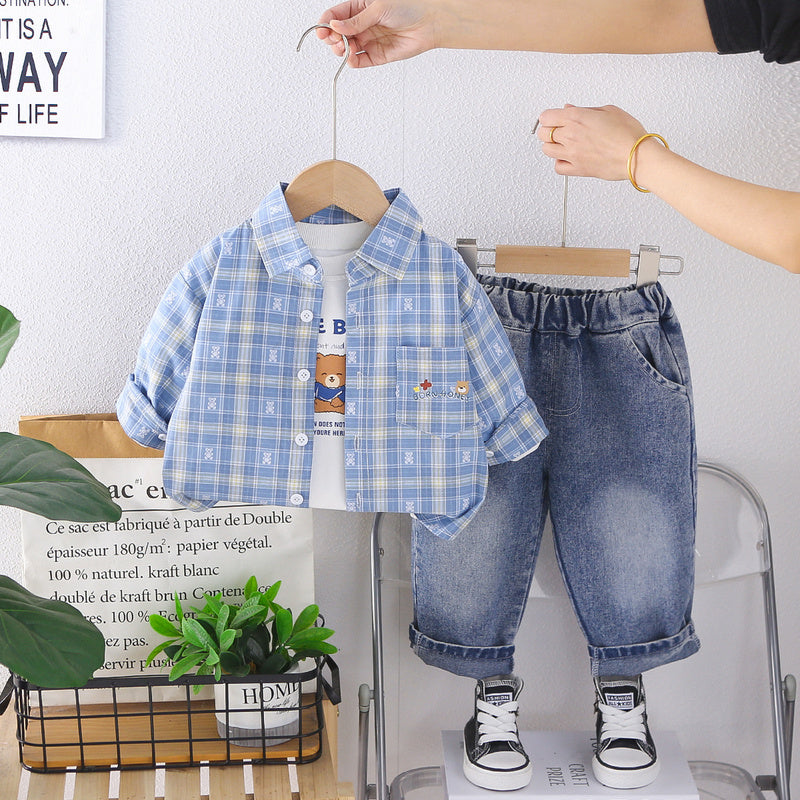 Boys' Outfit 2026 New Model Baby Boy Plaid Shirt with Bear Print on the Back Three-Piece Set for Spring Autumn Infant and Toddler Clothing
