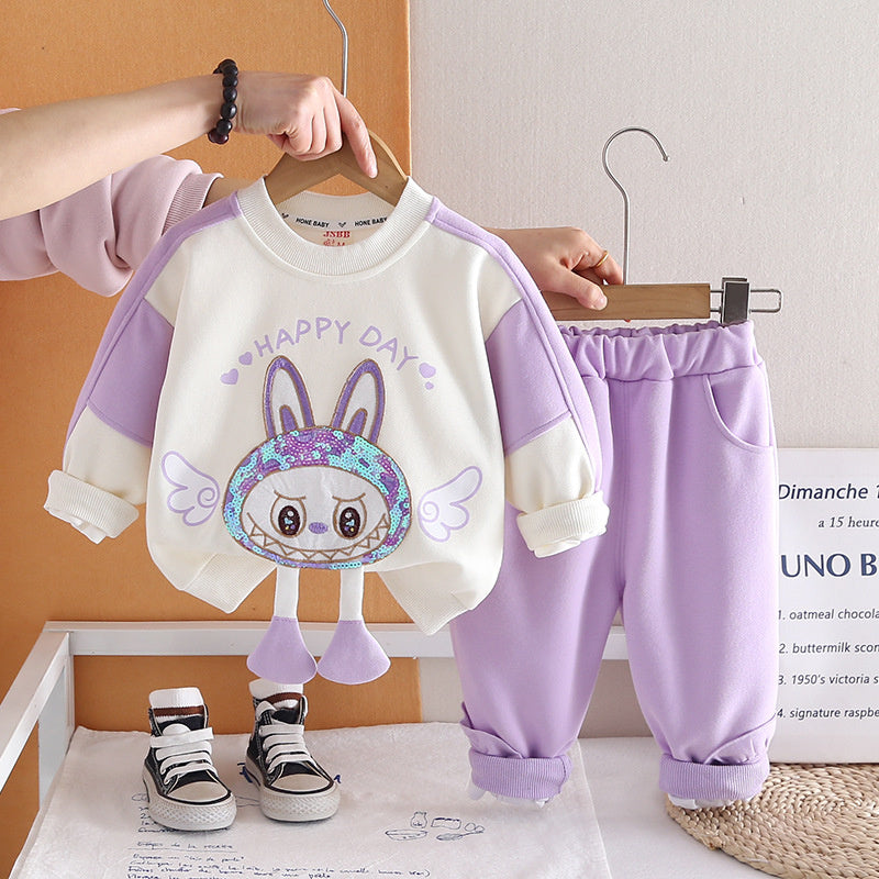 Girls' Sequin Cartoon Sweatshirt 2026 New Fashionable Children's Spring Outfit Two-Piece Set for Baby Girls