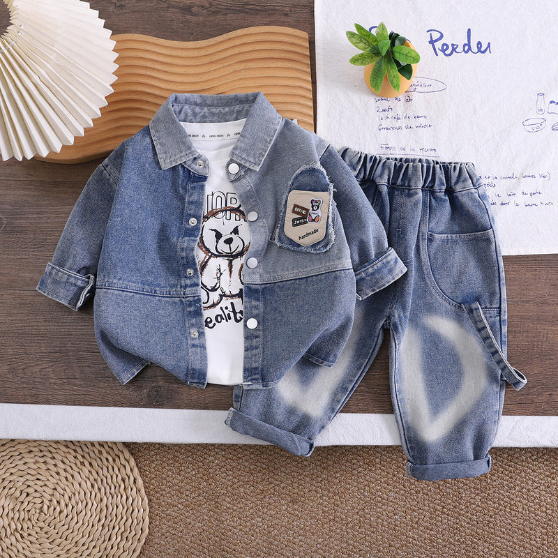 Boys' Suit 2026 New Stylish Spring and Autumn Outfit Children's Fashionable Baby Turn-down Collar Denim Bear Three-piece Set