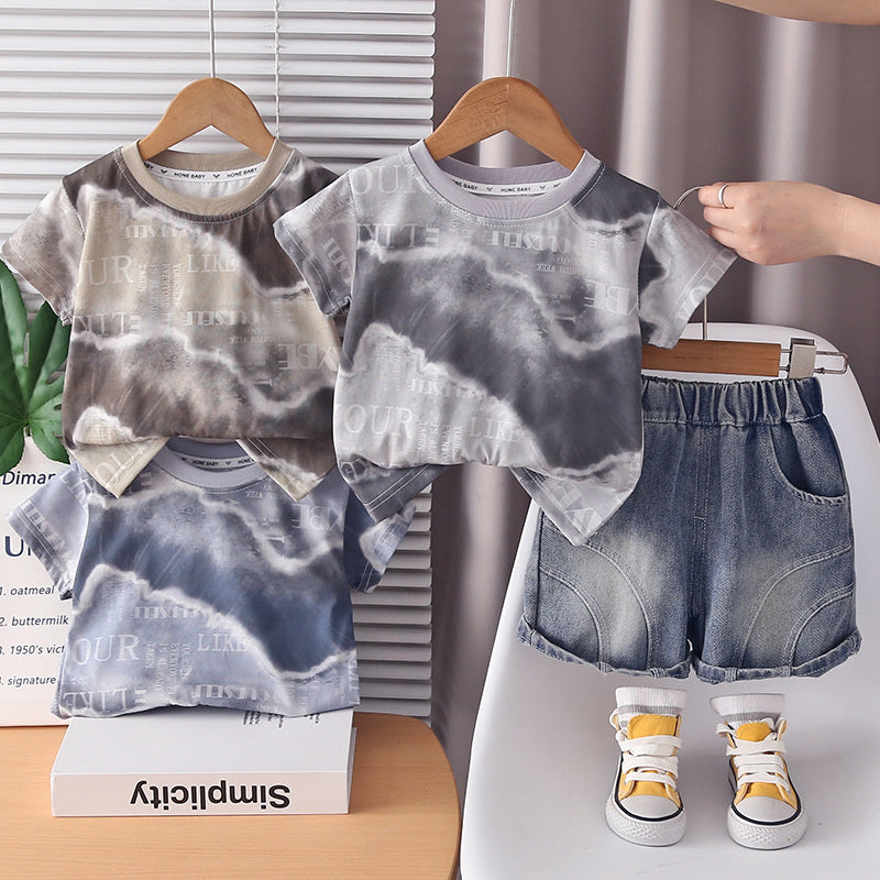 Boys' outfit, Korean style clothing for ages 1-5, casual and stylish summer wear, color-blocked short-sleeve two-piece set, T-shirt