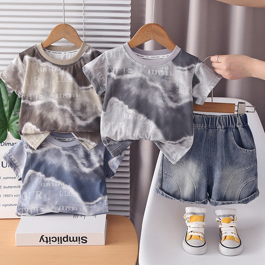 Boys' outfit, Korean style clothing for ages 1-5, casual and stylish summer wear, color-blocked short-sleeve two-piece set, T-shirt