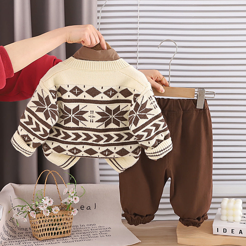 Children's Outfit Spring Clothing 2026 New Style Toddler Sweater Snowflake Jacket Boys' Clothes 1-3 Years Old Three-Piece Set