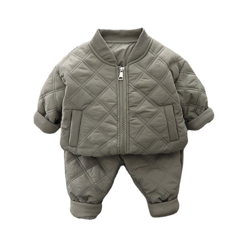 Boys' Fleece-Lined Thickened 2022 Style Children's Baby Plaid Zipper Cotton Jacket Two-Piece Set for Autumn and Winter
