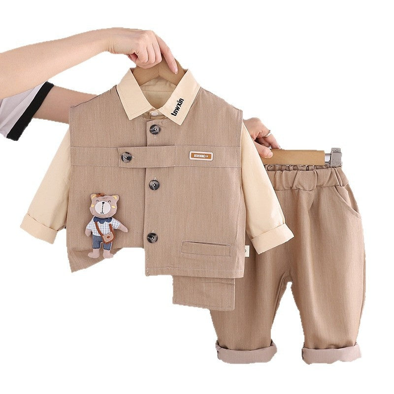 Boys' Stylish Fashion 2026 New Spring and Autumn Long-Sleeve Bear Vest Three-Piece Set for Children Casual Trendy Outfit