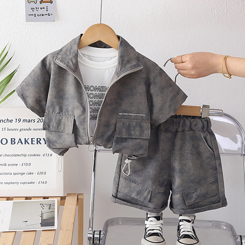 Baby Outfit 2026 New Fashionable Set for Boys, Summer Stand Collar Zipper Shirt Three-Piece Set, Infant and Children's Clothing