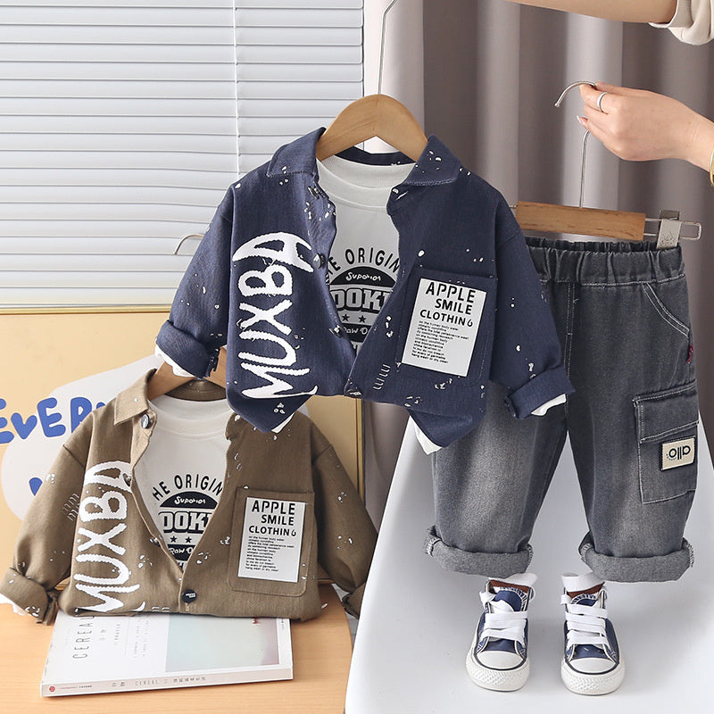 Boys' and Autumn Outfit 2026 New Fashionable Children's Gold-Embossed Casual Three-Piece Set Baby Spring Trendy Jacket