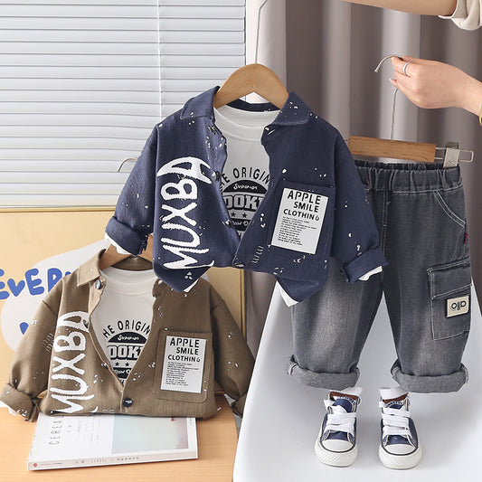 Boys' and Autumn Outfit 2026 New Fashionable Children's Gold-Embossed Casual Three-Piece Set Baby Spring Trendy Jacket