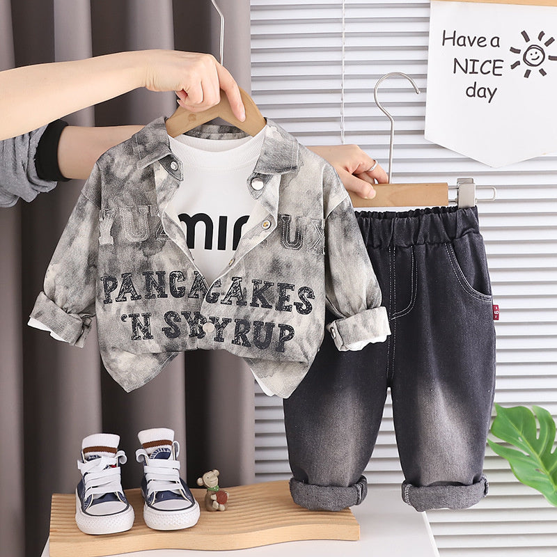 Boys' Spring Outfit 2026 New Style 1-2-3-5 Year Olds, Stylish Tie-Dye Letter Print Three-Piece Set for Kids