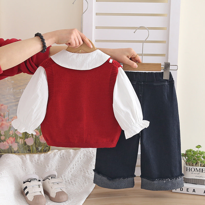 Girls' Outfit New Fashionable Trendy Baby Girl Pocket Cardigan Sweater Three-Piece Set Korean Style Spring and Autumn Fashion