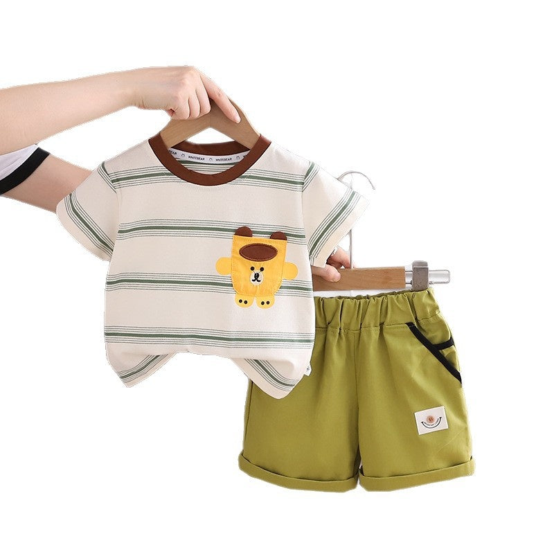 Children's Summer Outfit 2026 New Model Young Boys, Striped Bear Head Round Neck Short Sleeve Two-Piece Set with Shorts for Boys