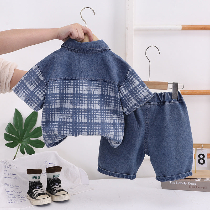 Boys' Denim Plaid Short Sleeve Suit, Stylish Children's Clothing, 2026 New Model, Trendy Summer Clothes for Young Children