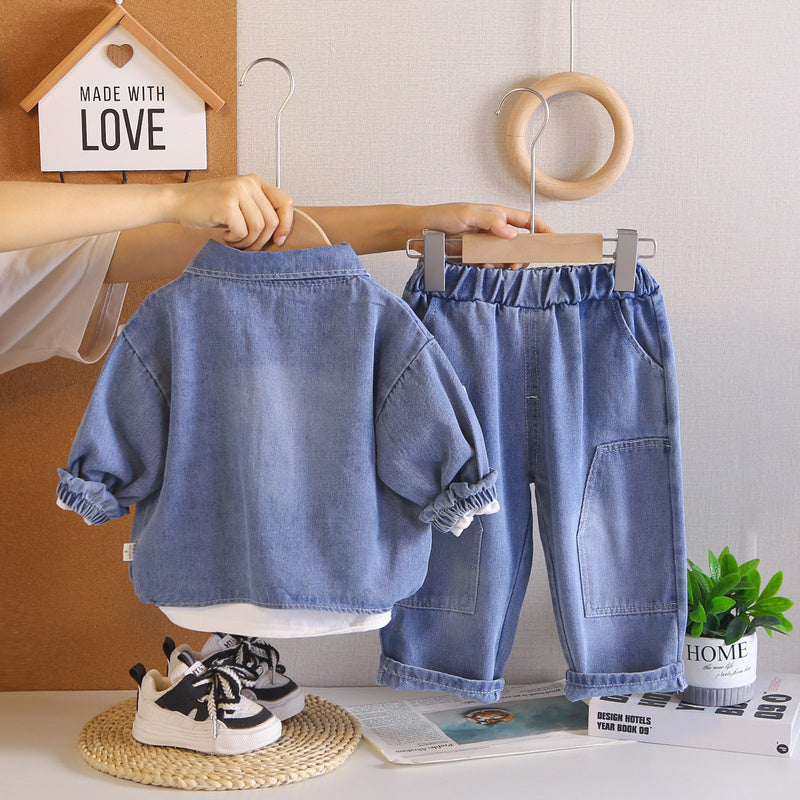 Boys' Spring and Outfit 2026 New Children's Autumn Cartoon Letter Denim Three-Piece Set for Boys