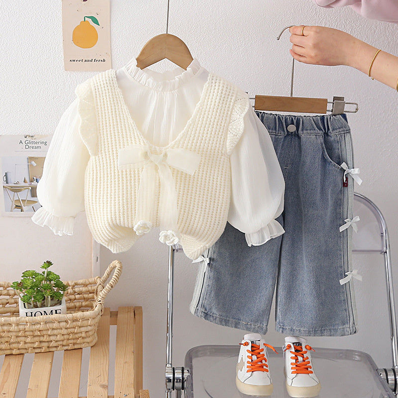 Girls' and Autumn Ribbon Bow Vest Three-Piece Set 2026 New Fashionable Children's Baby Girl Spring Outfit