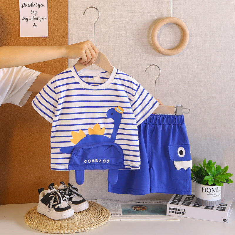 Boys' Summer Outfit 2026 New Fashionable Striped Hat Dinosaur Short Sleeve Shorts Baby Two-Piece Set