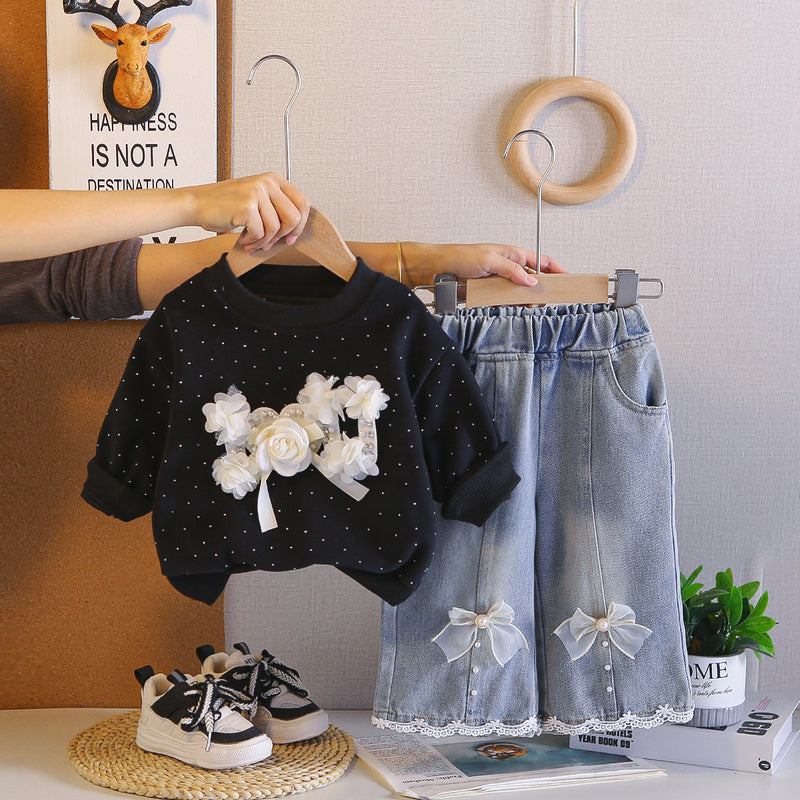 Outfit Set: Stylish Baby Girl Beaded Floral Sweatshirt Two-Piece Set for Infants Young Girls' Spring and Autumn Clothing