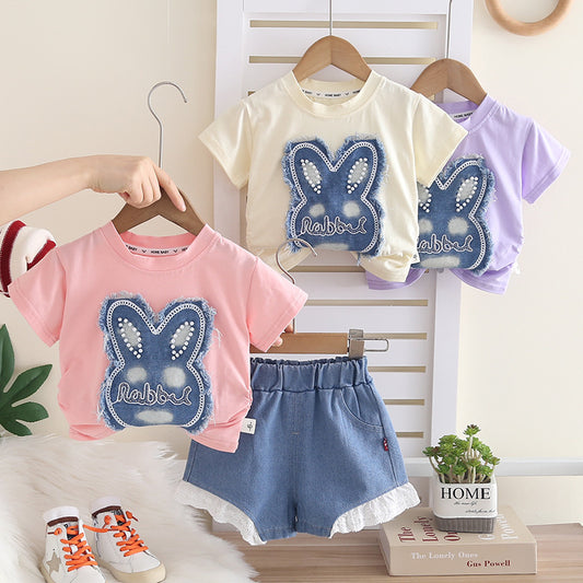 Girls' Rabbit Appliqué Outfit 2026 New Fashionable Summer Infant Clothing for One-Year-Old Baby Girls