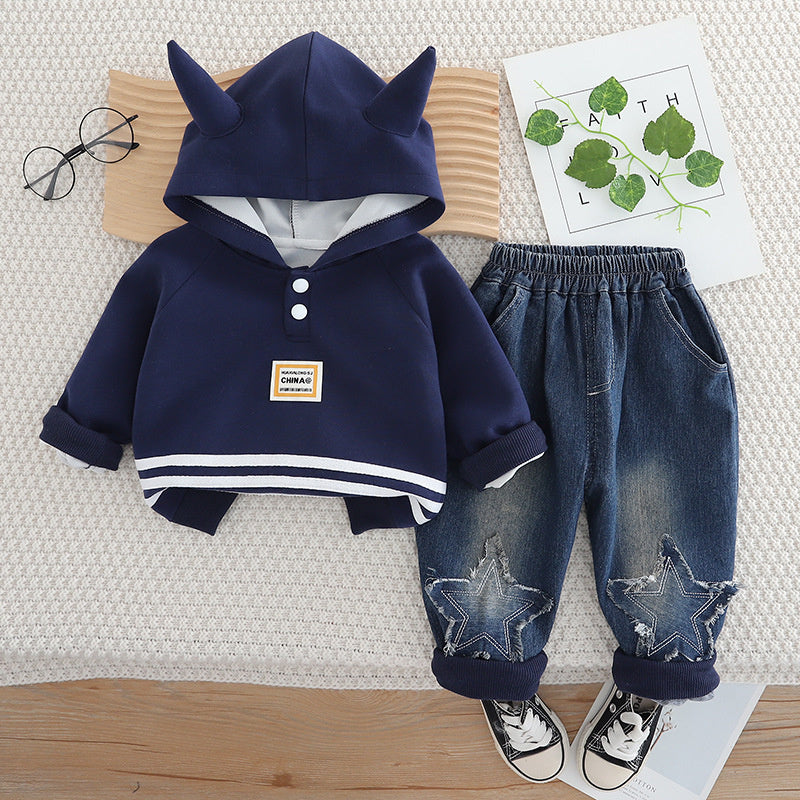 Korean Style Boys' Sweatshirt and Autumn Baby Spring Fashionable Clothes Infant Children's Clothing Horn Zipper Two-Piece Set