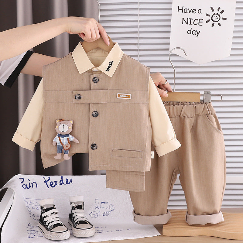 Boys' Stylish Fashion 2026 New Spring and Autumn Long-Sleeve Bear Vest Three-Piece Set for Children Casual Trendy Outfit