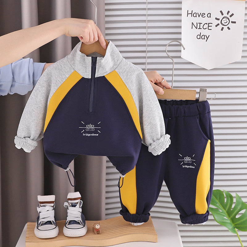 Boys' Patchwork Half-Zip Sweatshirt Set, Stylish New Spring Autumn Two-Piece Outfit for Toddlers and Children