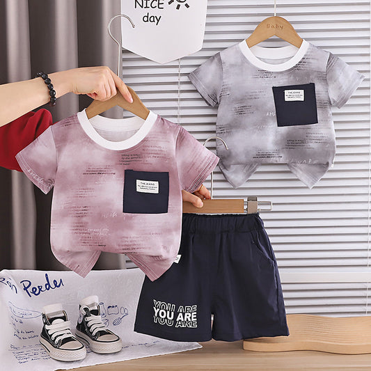 Boys' Summer Outfit 2026 New Fashionable Baby Children's Gradient Letter Print Short Sleeve Two-Piece Stylish Clothes