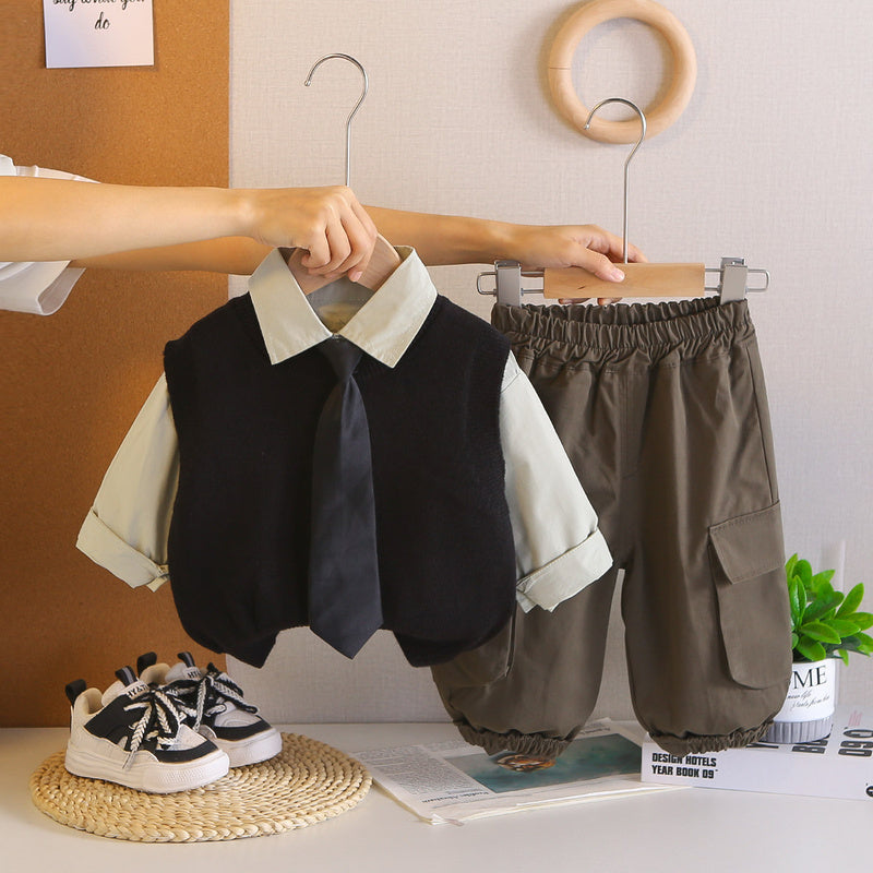 2026 New Boys' Outfit Baby Spring and Autumn Tie Sweater Three-Piece Set Infant Toddler Clothing Trendy