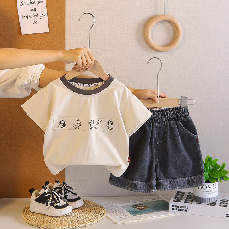 Boys' Solid Color Puppy Print Short Sleeve Set New Children's Round Neck Cool and Stylish Baby Summer Two-Piece Outfit