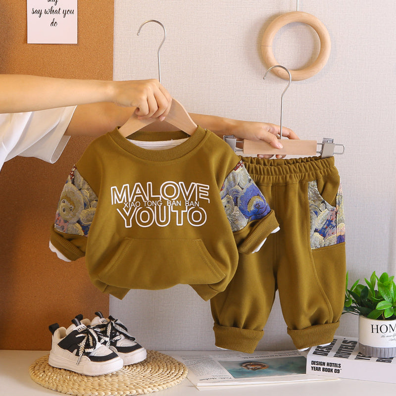Children's Patchwork Bear Baby Long Sleeve 2026 Spring and Autumn New Boys' Cartoon Sweatshirt Two-Piece Set Trendy
