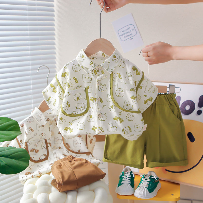 Boys' Summer Outfit 2026 New Style for 1-2-3 Years Old, Stylish Baby Casual Full-Print Short-Sleeve Shirt Two-Piece Set