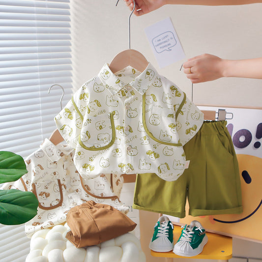 Boys' Summer Outfit 2026 New Style for 1-2-3 Years Old, Stylish Baby Casual Full-Print Short-Sleeve Shirt Two-Piece Set