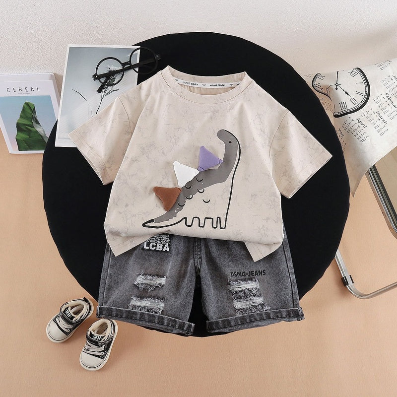 Boys' 2026 Summer Outfit New Fashionable Baby Children's Triangular Dinosaur Short Sleeve Cartoon Two-Piece Set Trendy