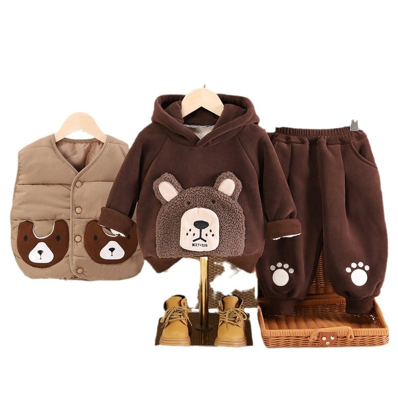 Baby Fleece-Lined 2 Children's Clothing Autumn Toddler Outfit Infant 1-Year-Old Boy Winter Bear Head Three-Piece Set