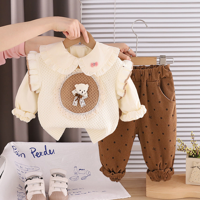 Girls' Spring Outfit 2026 New Style Set: Stylish Spring-Autumn Lace Bear Sweater Three-Piece Set for Little Girls and Children