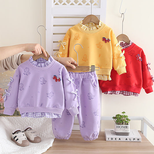 Girls' and Autumn 2026 New Stylish Children's Clothing Full Print Pony Sweatshirt Spring Outfit Baby Girl Long Sleeve Two-Piece Set