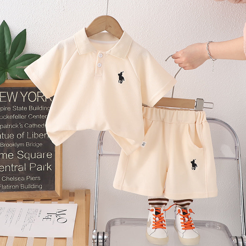 2025 Korean-style children's outfit, new summer model, boys' embroidered polo shirt, baby short-sleeve shorts, stylish two-piece set