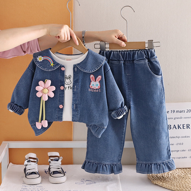 Girls' Outfit Spring and Fashionable 2026 Autumn New Baby Stylish Cartoon Rabbit Denim Three-Piece Set Wholesale