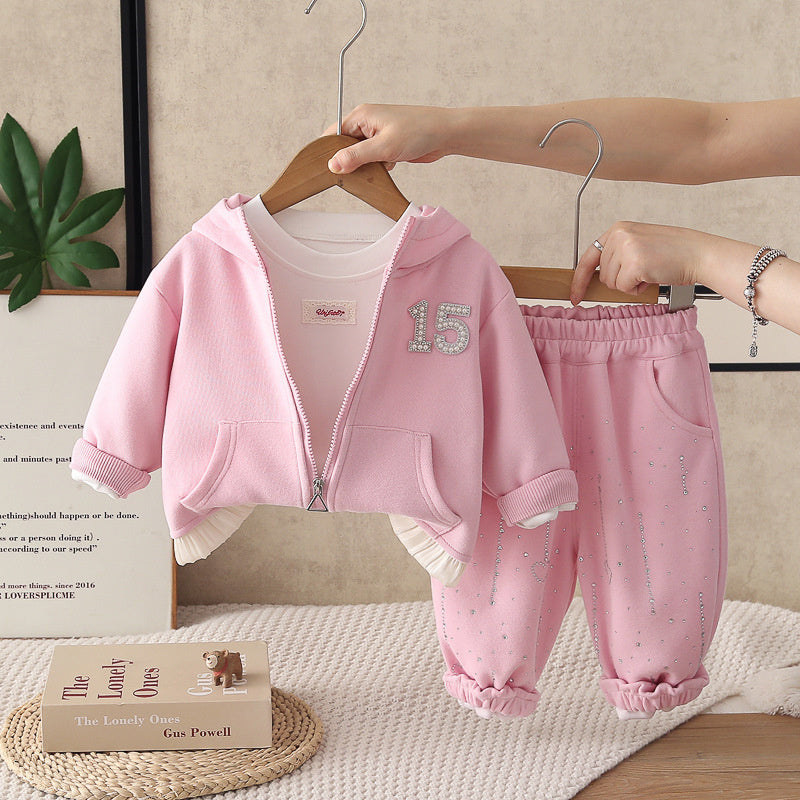 Girls' three-piece hooded suit, autumn 2026 new stylish jacket and pants, clothing for one-year-old baby girls, children's wear