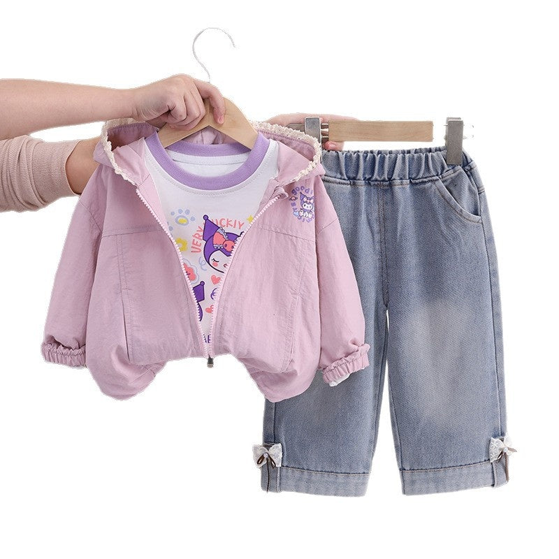 Baby outfit set, stylish children's clothing, toddler girl spring and autumn hooded cartoon jacket three-piece set