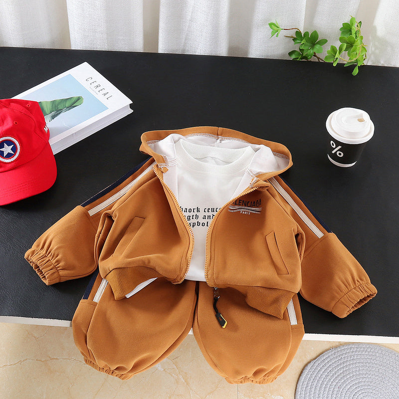 Boys' Autumn Outfit, New Spring Style for Baby Boys, Casual and Stylish Children's Clothing, Three-Piece Set with Colorful Stripes on the Shoulders