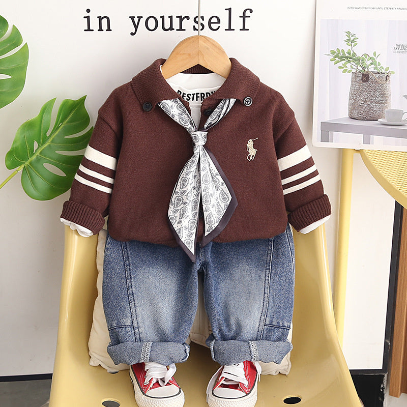 Baby boy outfit stylish clothing spring and autumn handsome infant children's wear silk scarf cardigan sweater three-piece set
