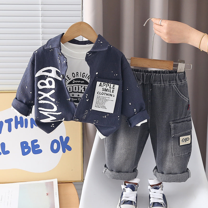 Boys' and Autumn Outfit 2026 New Fashionable Children's Gold-Embossed Casual Three-Piece Set Baby Spring Trendy Jacket